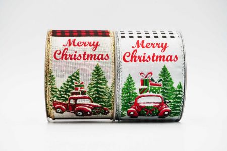 Red Vintage Trucks, Trees with Gifts Ribbon - Red Vintage Trucks, Trees with Gifts Ribbon